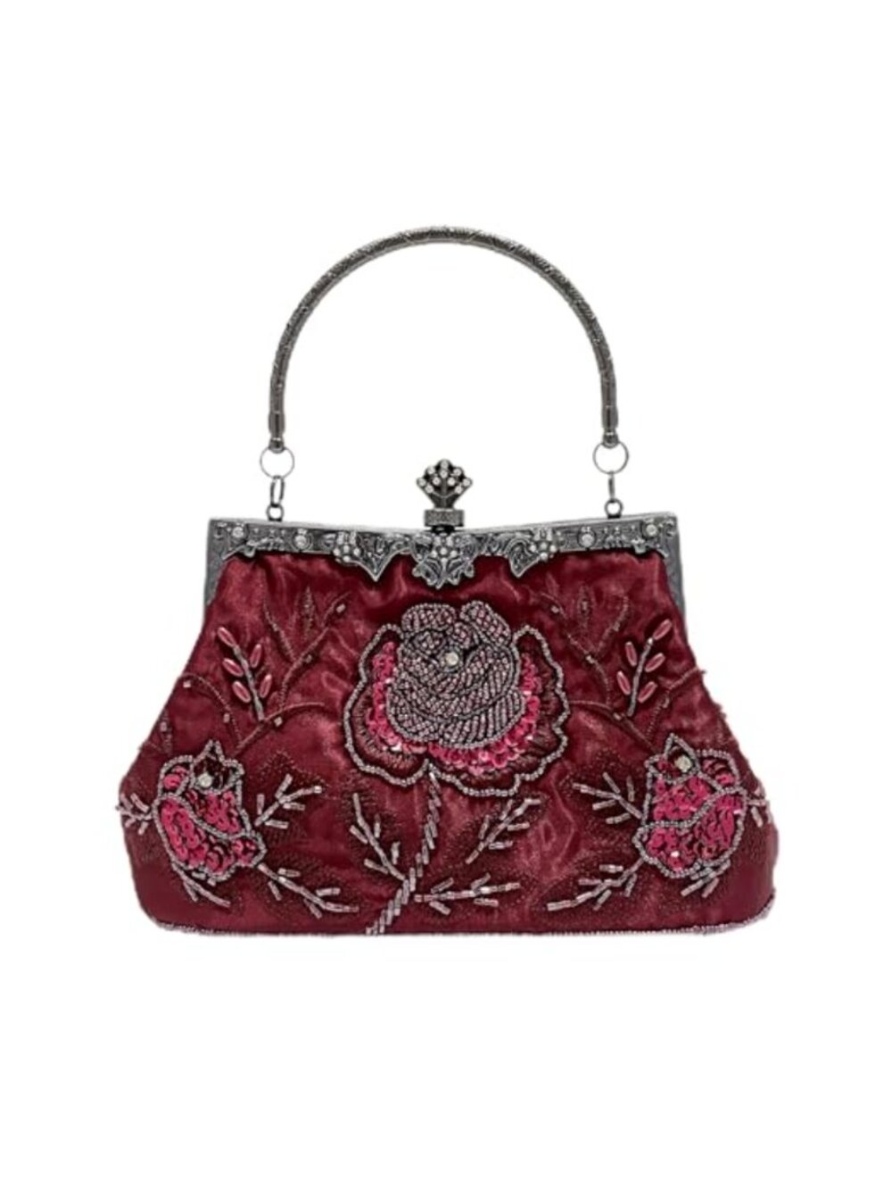 Rose Embroidered Beaded Vintage Handled Clutch Evening Bag with Chain